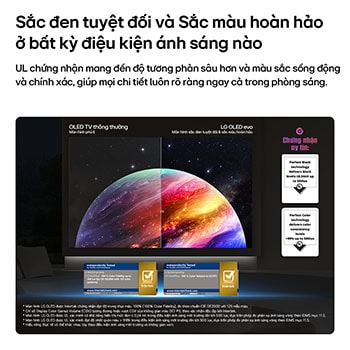 LG OLED evo AI C6 shows a split-screen planet-and-stars scene, comparing an anti-glare matte display with its Perfect Black & Perfect Color display for clearer picture quality in any light, supported by UL certification and Intertek certifications for color volume and color fidelity.